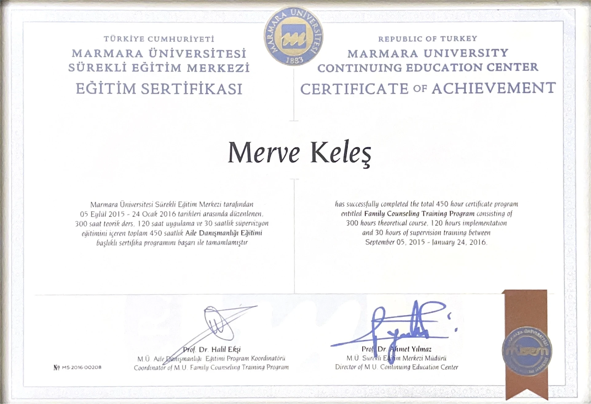 Marmara Üniversitesi Aile Danışmanlığı Eğitimi Sertifikası 2016