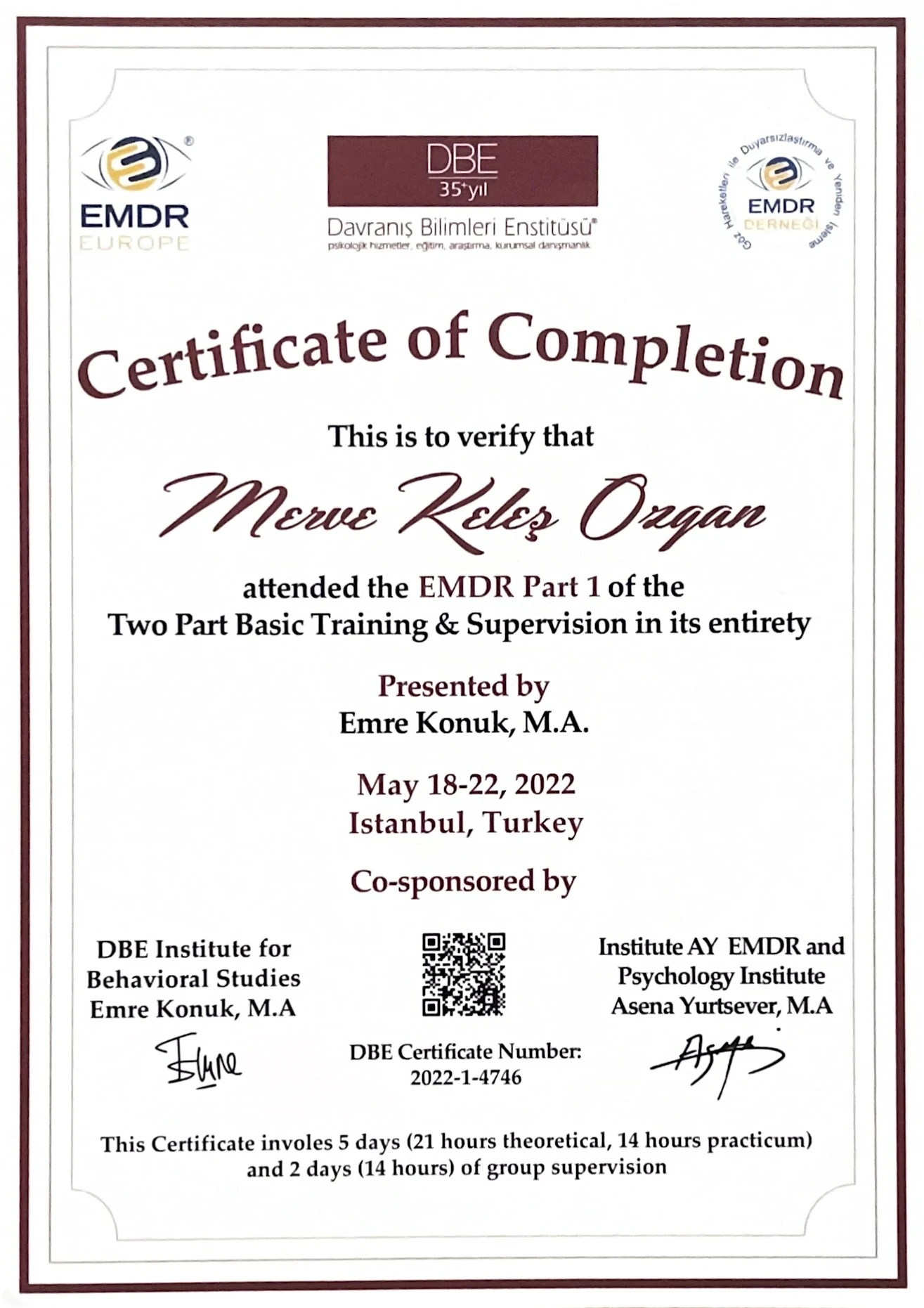 EMDR Part 1 Temel Eğitim Sertifikası Davranış Bilimleri Enstitüsü 2022