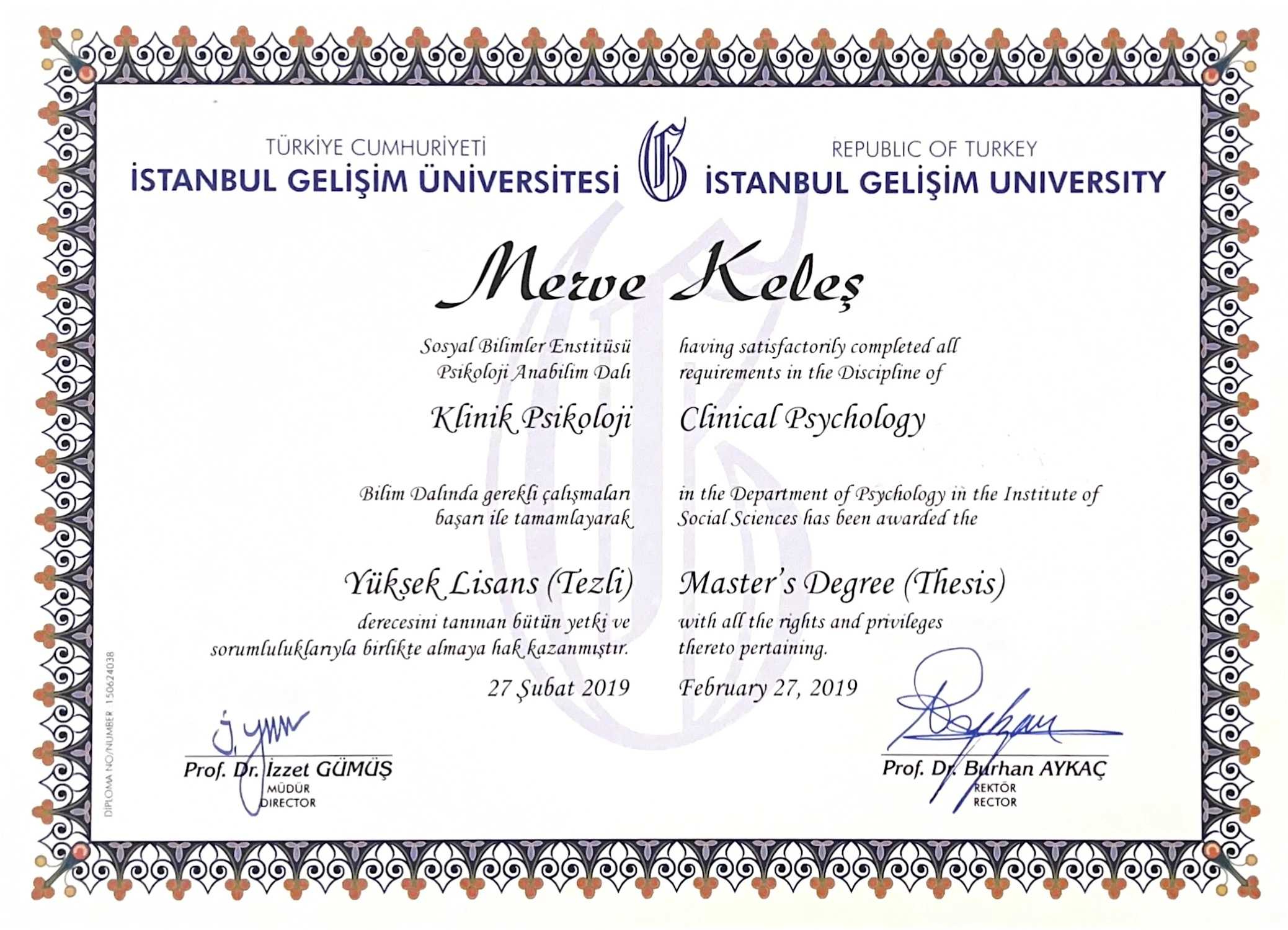 İstanbul Gelişim Üniversitesi Klinik Psikoloji Yüksek Lisans Diploması 2019