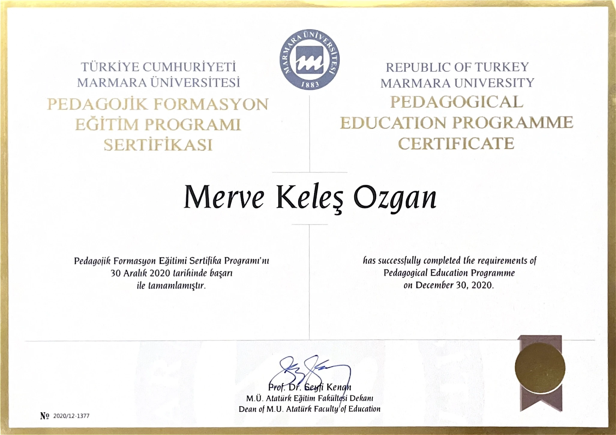 Marmara Üniversitesi Pedagojik Formasyon Eğitim Programı Sertifikası 2020