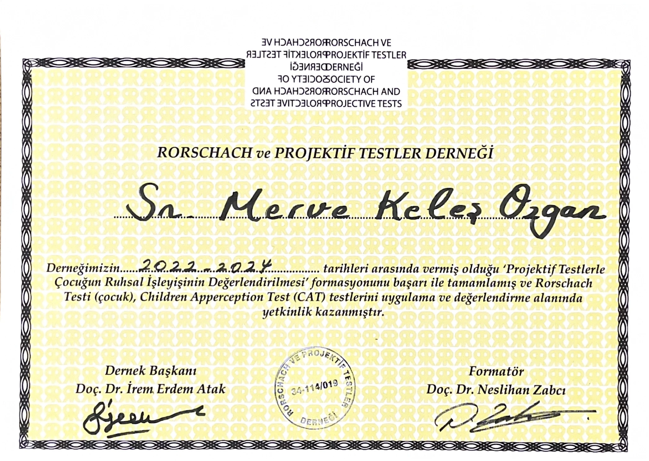 Rorschach ve Projektif Testler CAT Uygulayıcı Sertifikası Rorschach Türk Derneği