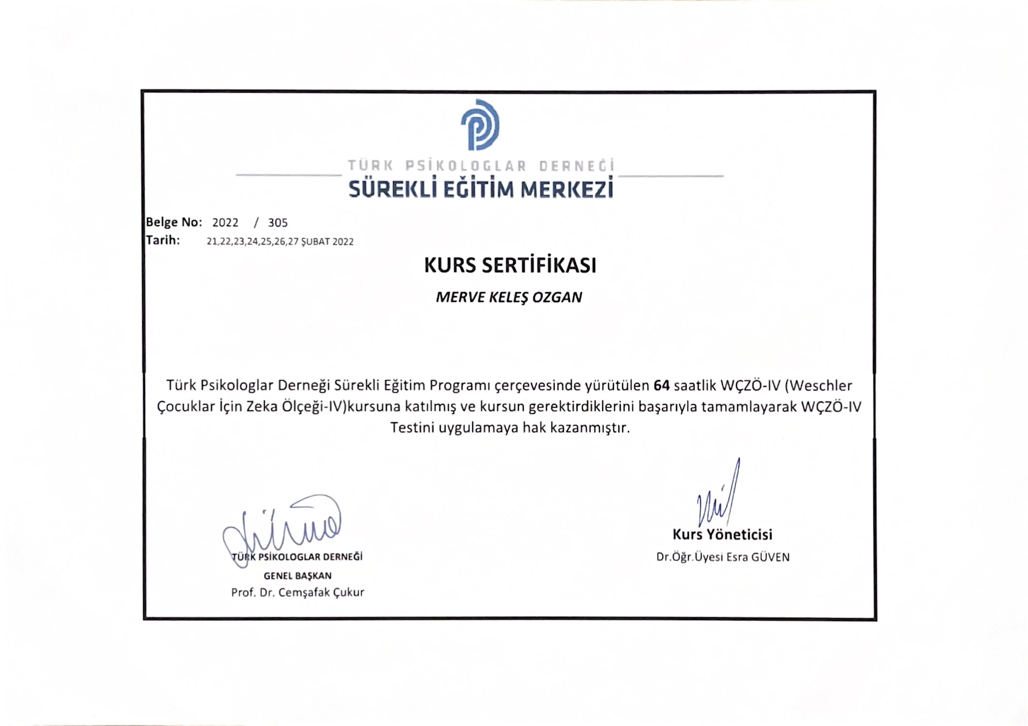 WISC-IV Wechsler Zeka Ölçeği Uygulayıcı Sertifikası Türk Psikologlar Derneği 2022